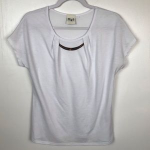 M & E White Blouse Cap Sleeve Faux Necklace Women Size Medium NWOT